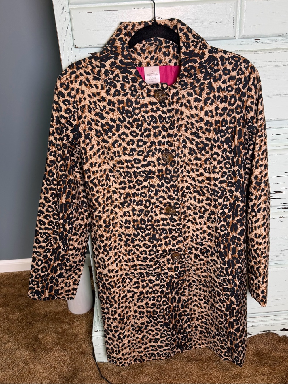 THE GREAT. Leopard Print Trench Coat in Tan and Black with pink lining. Size SM.